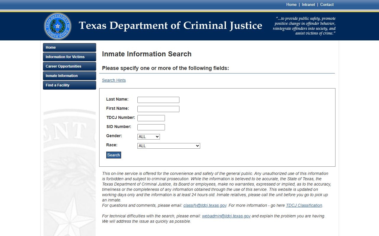 Pecos County inmate records TDCJ search form