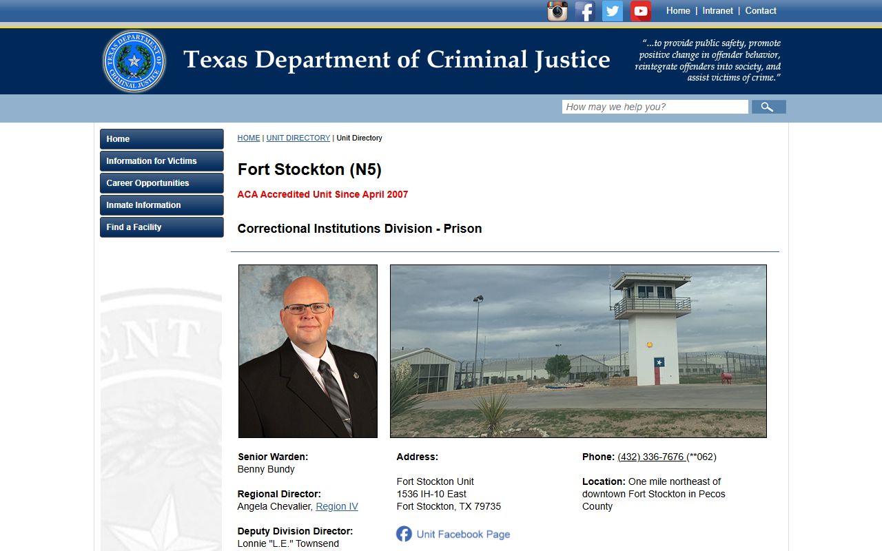 Fort Stockton Unit TDCJ inmate lookup facility page