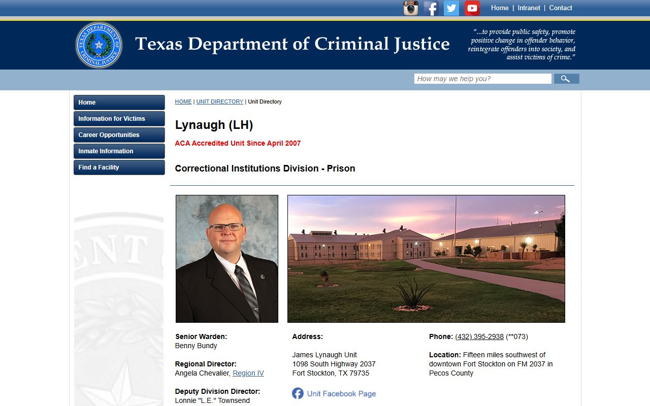 James Lynaugh Unit TDCJ inmate search facility page