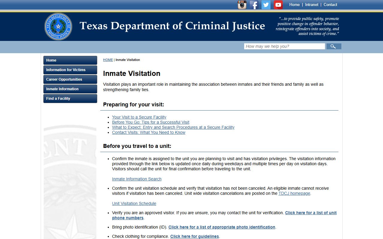 James Lynaugh Unit TDCJ visitation rules